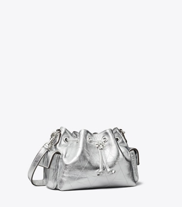 Tory Burch designer borse a spalla Mini shoulder bag Charlie matelassé con coulisse metallizzata in Silver angle