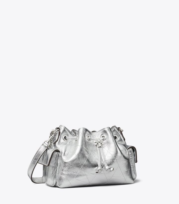 Tory Burch designer borse a spalla Mini shoulder bag Charlie matelassé con coulisse metallizzata in Silver angle
