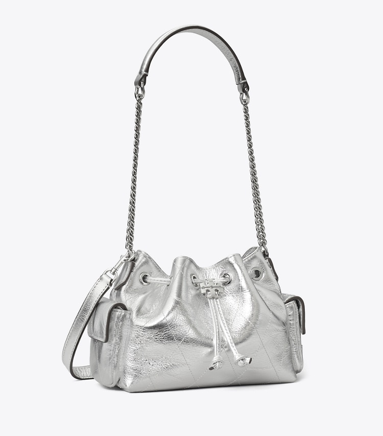 Tory Burch designer borse a spalla Mini shoulder bag Charlie matelassé con coulisse metallizzata in Silver angle