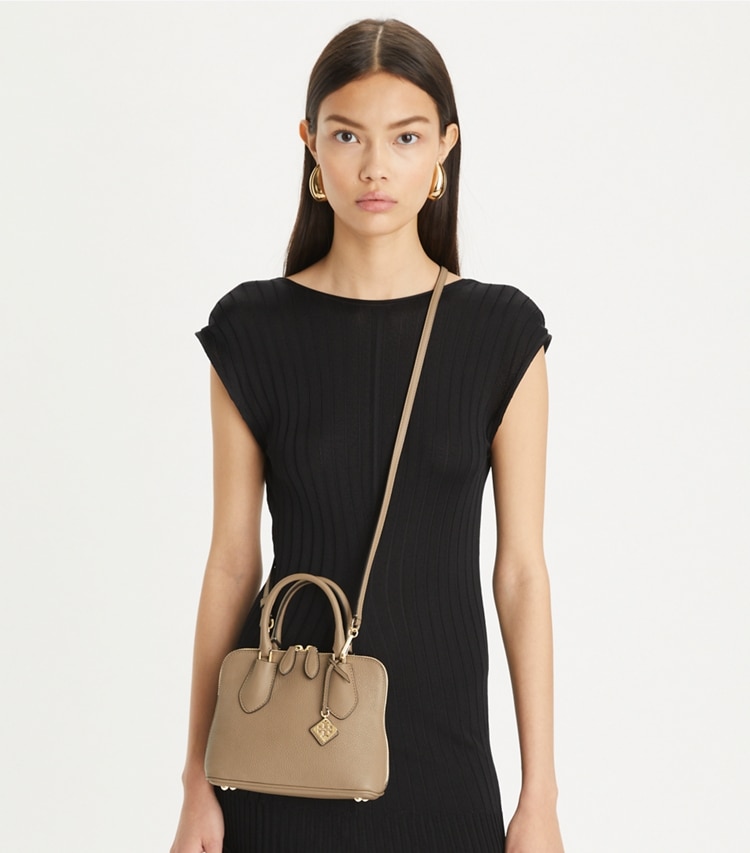 Tory Burch designer crossbody bags Mini Swing Satchel in Taupe Oak additional on model