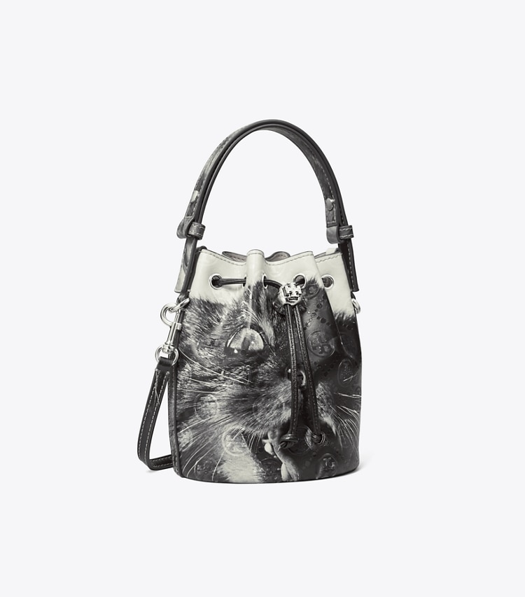 Tory Burch designer クロスボディバッグ Tモノグラム キャットプリント ミニバケットバッグ in Gray CAT PORTRAIT angle