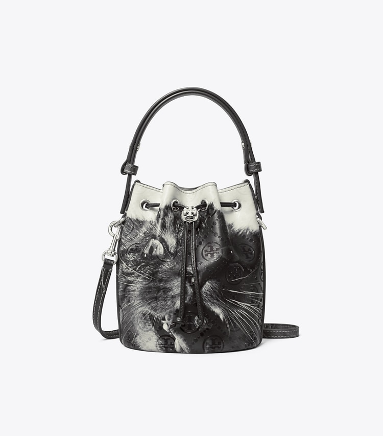 Tory Burch designer クロスボディバッグ Tモノグラム キャットプリント ミニバケットバッグ in Gray CAT PORTRAIT front