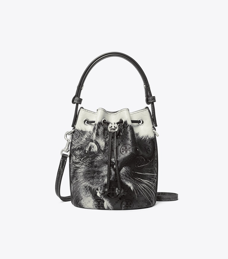 Tory Burch designer クロスボディバッグ Tモノグラム キャットプリント ミニバケットバッグ in Gray CAT PORTRAIT angle