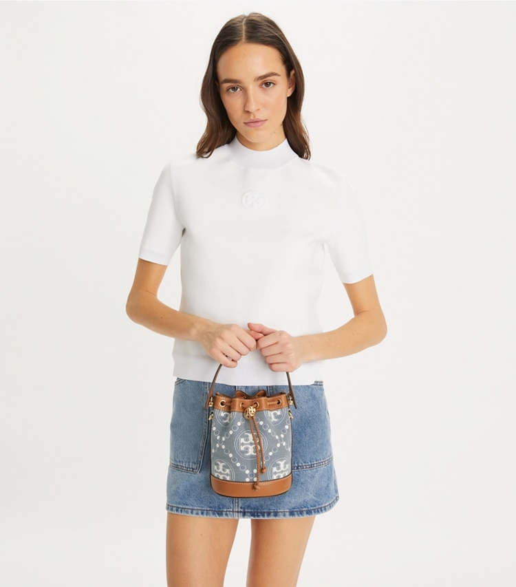 Tory Burch designer crossbody bags Mini T Monogram Denim Bucket Bag in Multi additional on model