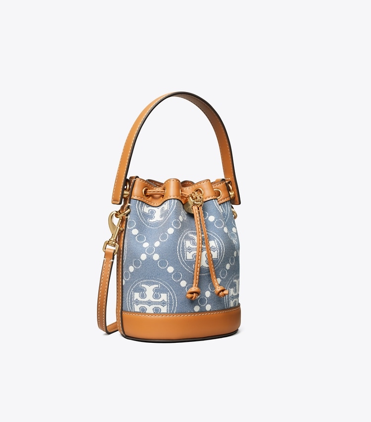 Tory Burch designer crossbody bags Mini T Monogram Denim Bucket Bag in Multi angle