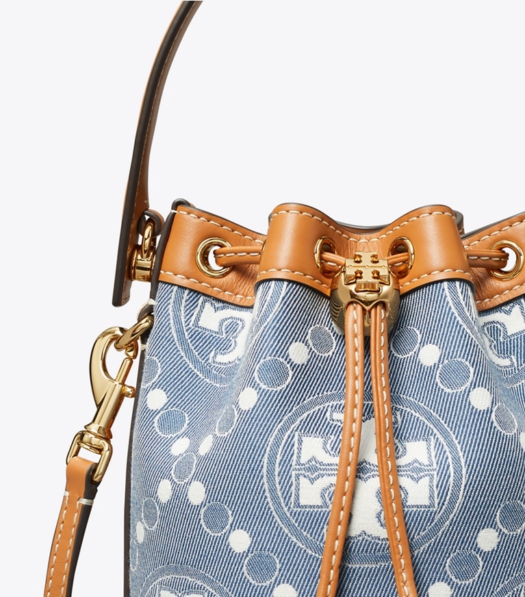 Tory Burch designer crossbody bags Mini T Monogram Denim Bucket Bag in Multi angle