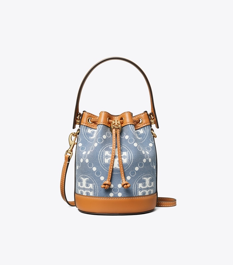 Tory Burch designer crossbody bags Mini T Monogram Denim Bucket Bag in Multi angle