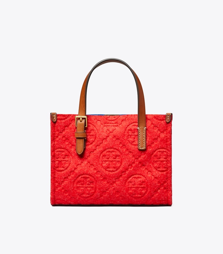 Tory Burch designer tote bags Mini T Monogram Embroidered Rabbit Square Tote in Red angle