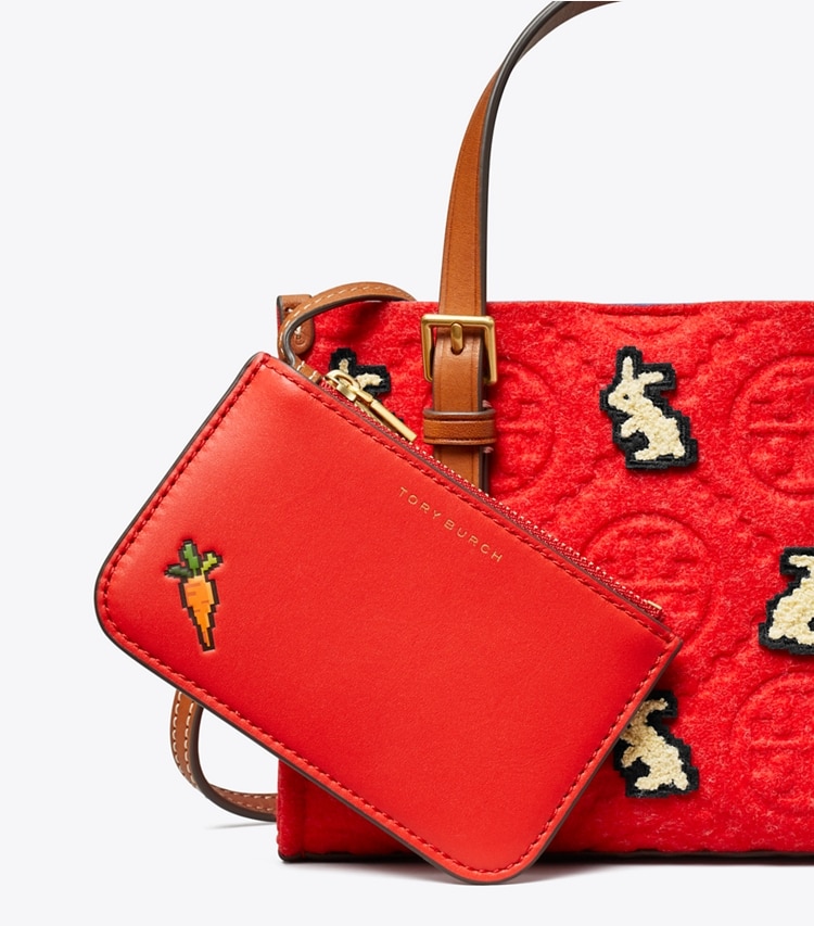 Tory Burch designer tote bags Mini T Monogram Embroidered Rabbit Square Tote in Red detail
