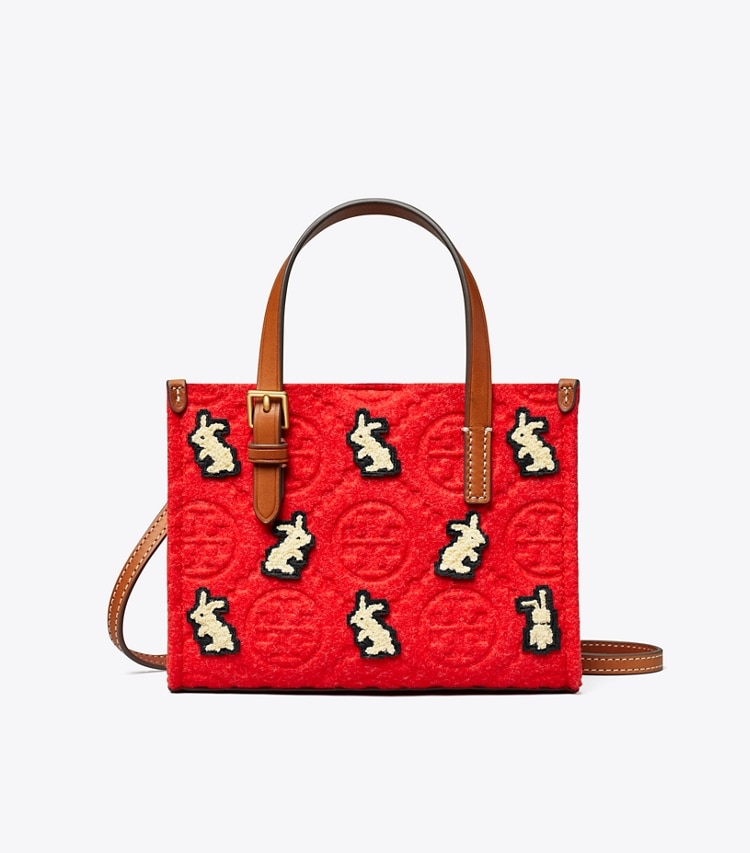 Tory Burch designer tote bags Mini T Monogram Embroidered Rabbit Square Tote in Red front
