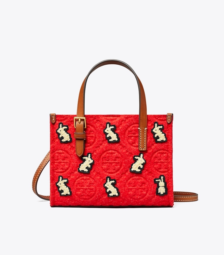 Tory Burch designer tote bags Mini T Monogram Embroidered Rabbit Square Tote in Red angle