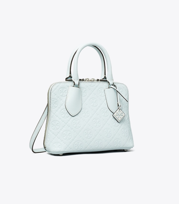 Tory Burch designer crossbody bags Mini T Monogram Leather Swing Satchel in Ice Blue angle