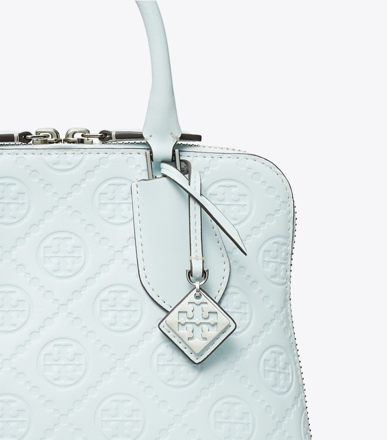 Tory Burch designer crossbody bags Mini T Monogram Leather Swing Satchel in Ice Blue angle