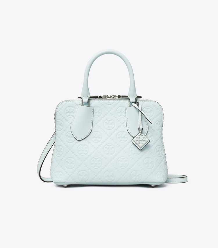 Tory Burch designer crossbody bags Mini T Monogram Leather Swing Satchel in Ice Blue front