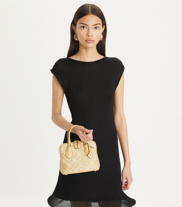Tory Burch designer crossbody bags Mini T Monogram Raffia Swing Satchel in Natural accessory on model