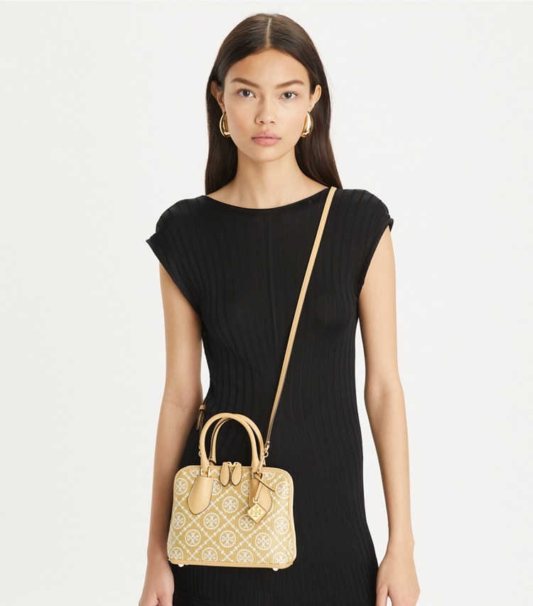 Tory Burch designer crossbody bags Mini T Monogram Raffia Swing Satchel in Natural additional on model