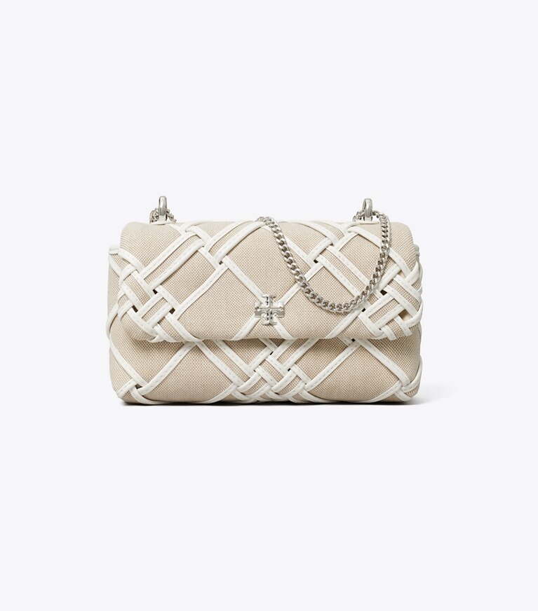 Tory Burch designer borse a spalla Minibag in tela Kira intrecciata con pattina in Natural / Blanc angle