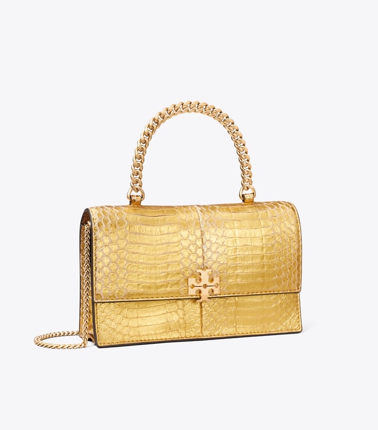 Tory Burch diseñador bolsos bandolera Minibolso bandolera Charlie de serpiente con asa superior en Gold ángulo