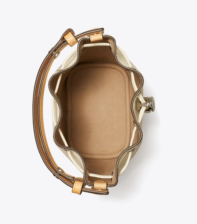 Tory Burch diseñador bolsos bandolera Minibolso bucket con diseño de guijarros con monograma de T en Warm White desde arriba