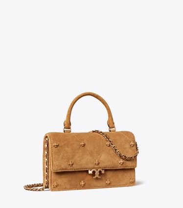 Tory Burch diseñador bolsos bandolera Minibolso Bunny Knot de ante con asa superior en Toffee ángulo