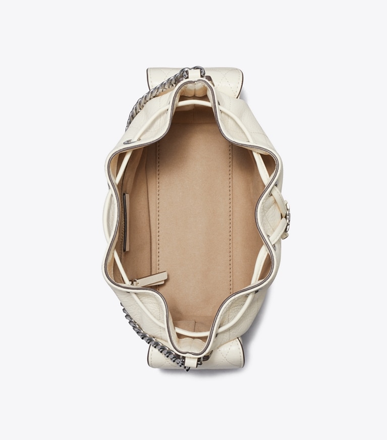 Tory Burch diseñador bolsos bandolera Minibolso de hombro Charlie acolchado con cordón ajustable en Light Cream desde arriba