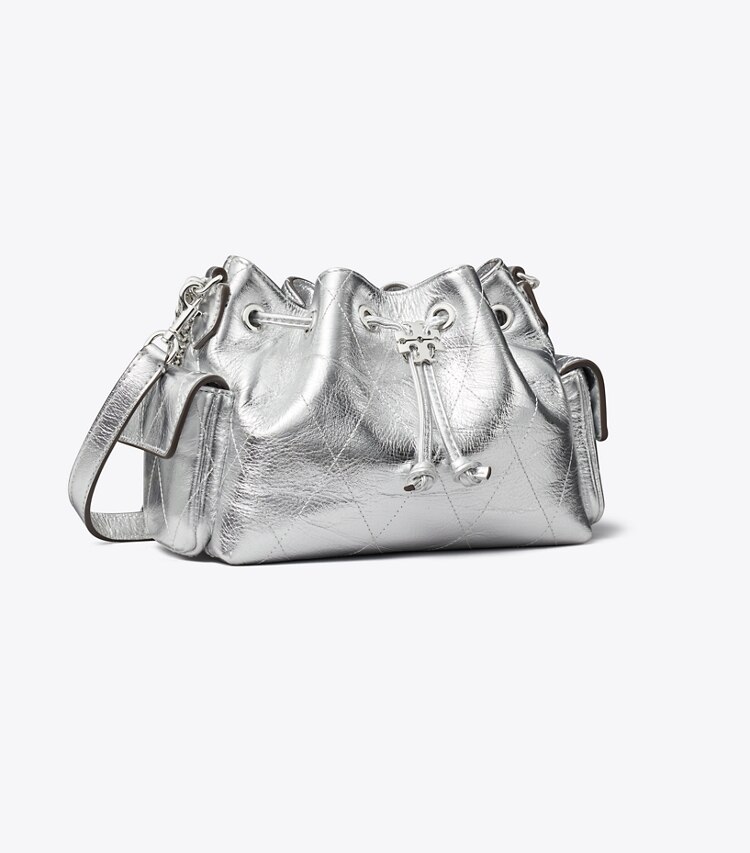 Tory Burch diseñador bolsos bandolera Minibolso de hombro Charlie acolchado metalizado con cordón ajustable en Silver ángulo