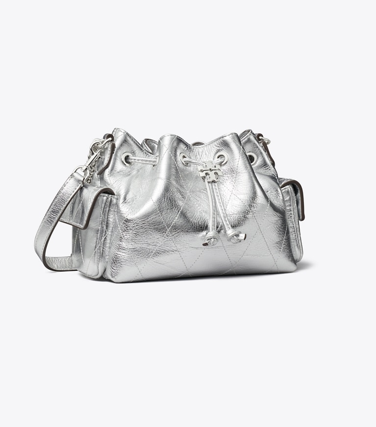 Tory Burch diseñador bolsos bandolera Minibolso de hombro Charlie acolchado metalizado con cordón ajustable en Silver ángulo