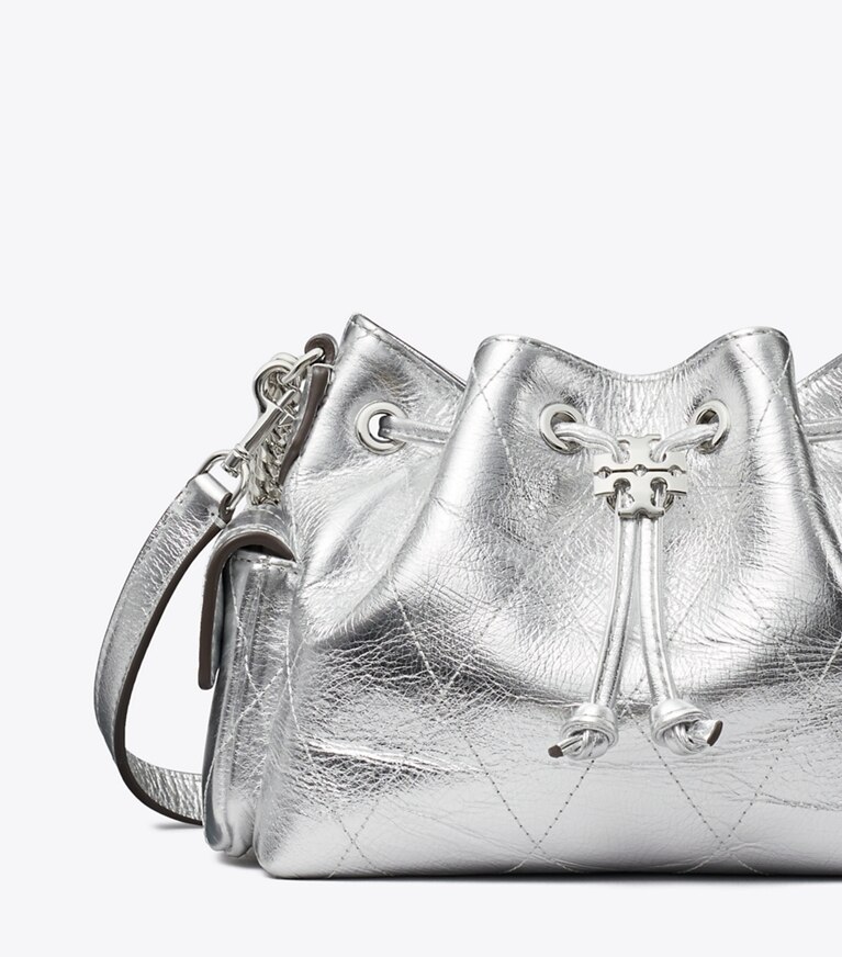 Tory Burch diseñador bolsos bandolera Minibolso de hombro Charlie acolchado metalizado con cordón ajustable en Silver detalle