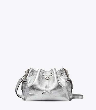 Tory Burch diseñador bolsos bandolera Minibolso de hombro Charlie acolchado metalizado con cordón ajustable en Silver frontal
