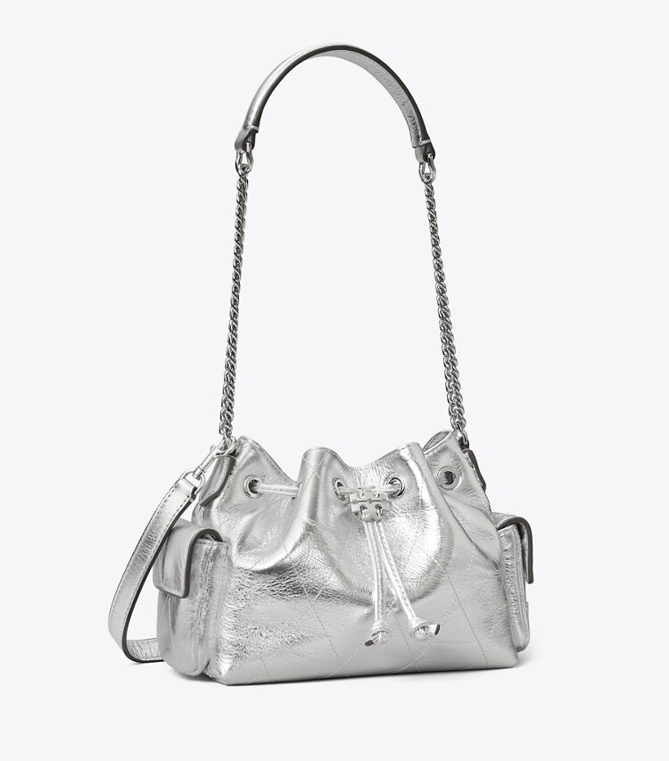 Tory Burch diseñador bolsos bandolera Minibolso de hombro Charlie metalizado y acolchado con cordón ajustable en Silver ángulo
