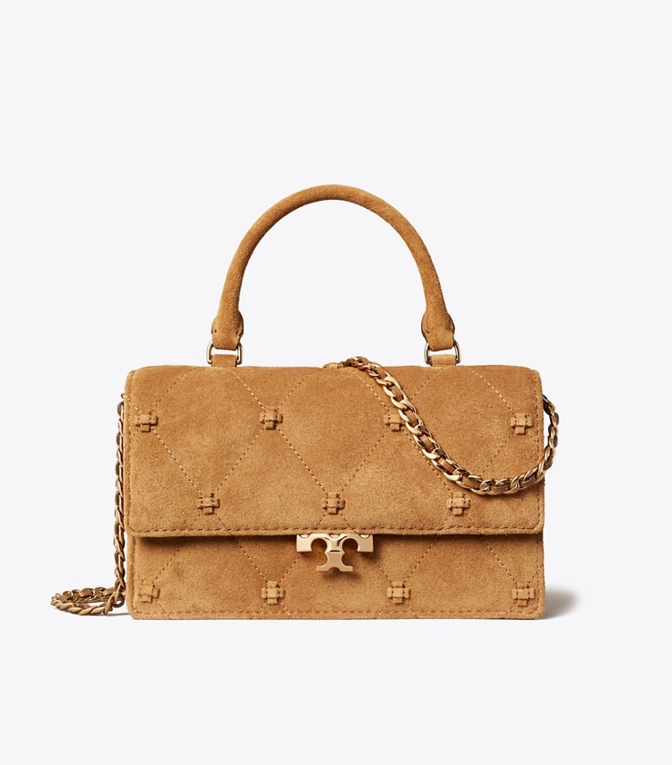 Tory Burch diseñador bolsos bandolera Minibolso de mano Bunny Knot de gamuza en Toffee frente