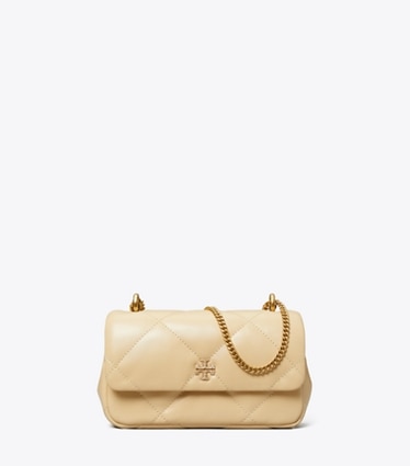 Tory Burch diseñador bolsos bandolera Minibolso Kira Diamond Quilt con solapa y logo pavé en Vanilla Soft Serve frontal