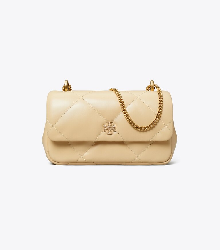 Tory Burch diseñador bolsos bandolera Minibolso Kira Diamond Quilt con solapa y logo pavé en Vanilla Soft Serve frontal