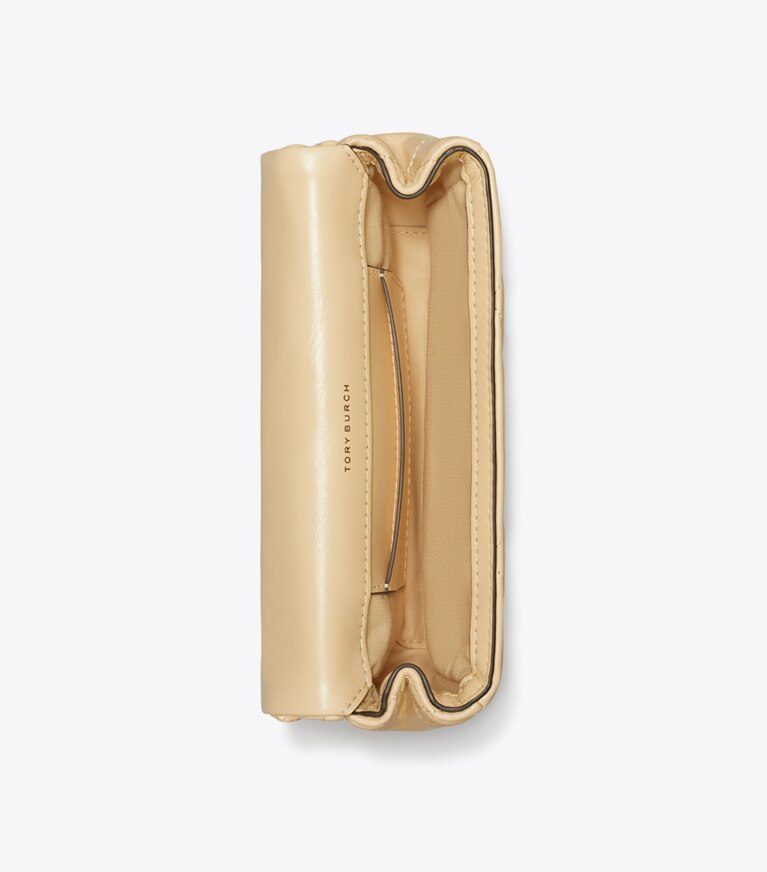 Tory Burch diseñador bolsos bandolera Minibolso Kira Diamond Quilt con solapa y logo pavé en Vanilla Soft Serve desde arriba