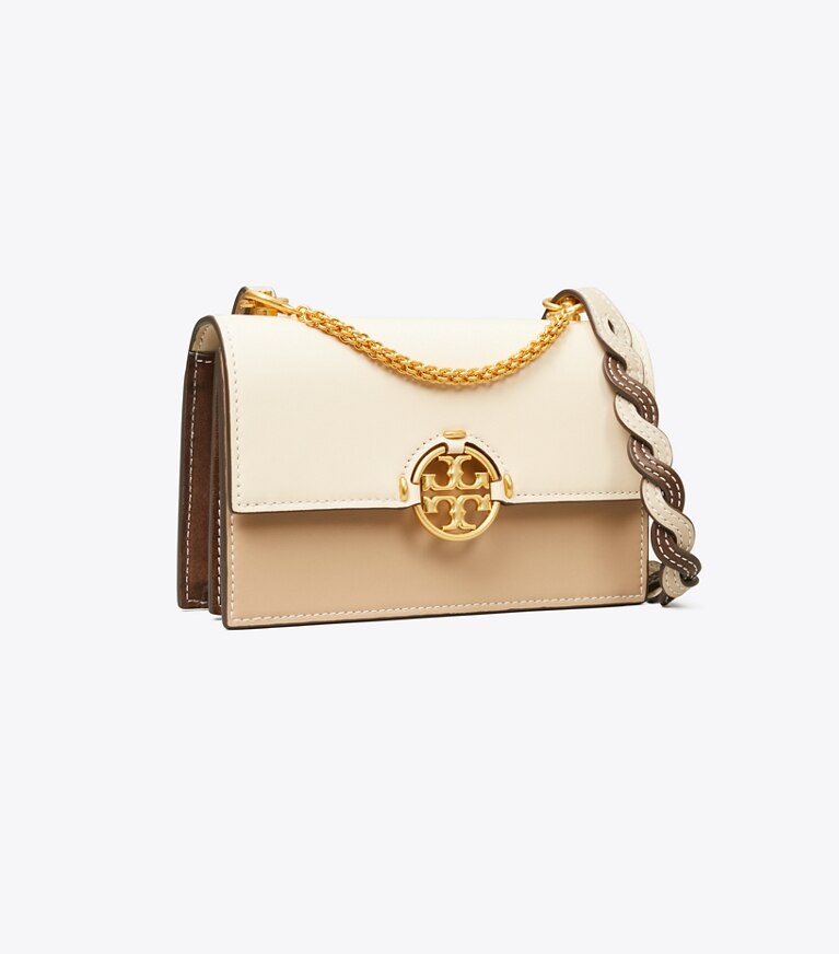 Tory Burch diseñador bolsos bandolera Minibolso Miller con bloques de color en BRIE / ALMOND FLOUR ángulo