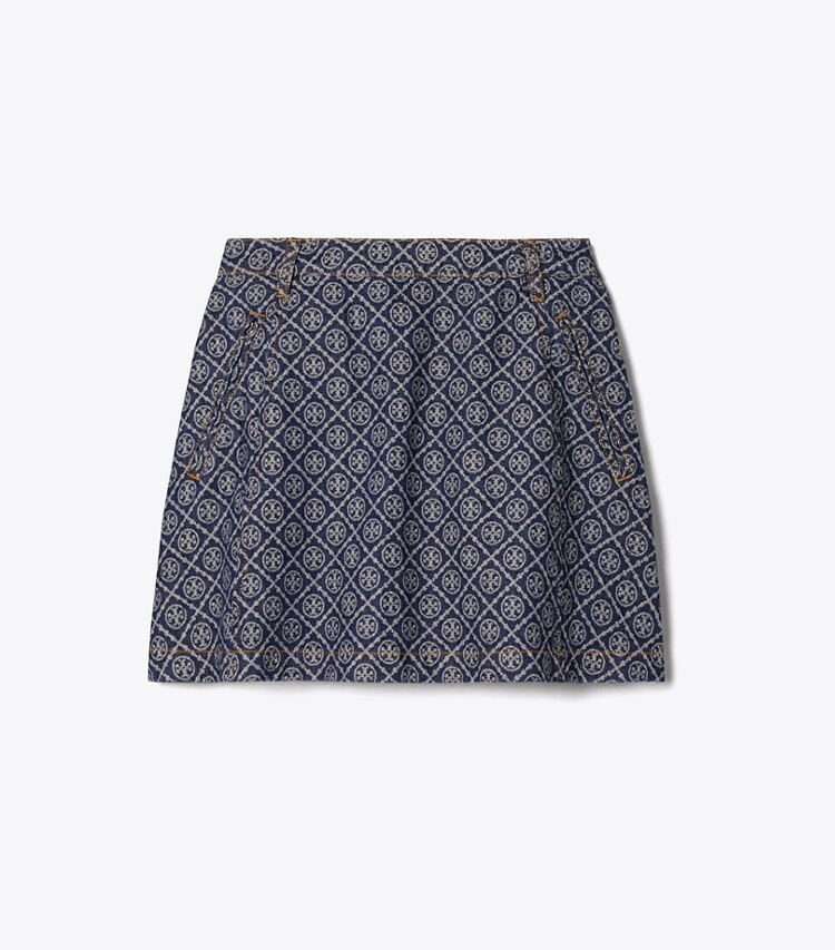 Tory Burch diseñador prendas inferiores Minifalda de denim en T-Monogram Stone Wash frente