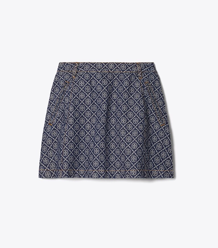 Tory Burch diseñador prendas inferiores Minifalda de denim en T-Monogram Stone Wash frente