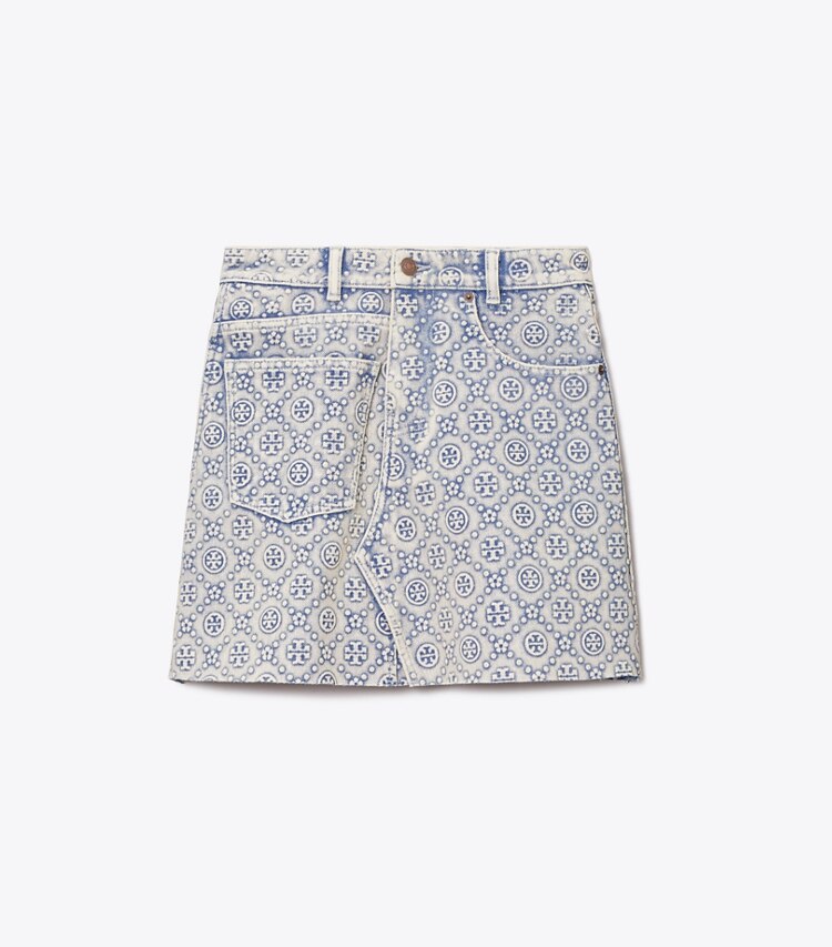 Tory Burch diseñador prendas inferiores Minifalda de mezclilla con monograma en forma de T en Bleached Wash T Monogram frente