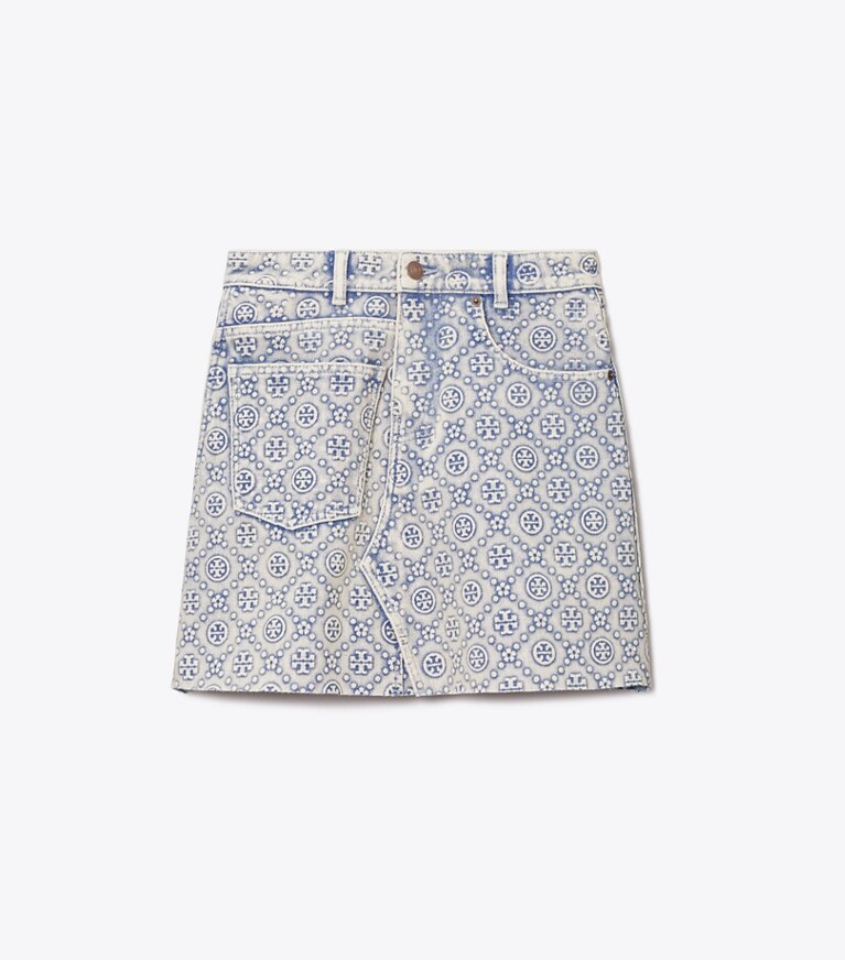 Tory Burch diseñador prendas inferiores Minifalda de mezclilla con monograma en forma de T en Bleached Wash T Monogram frente