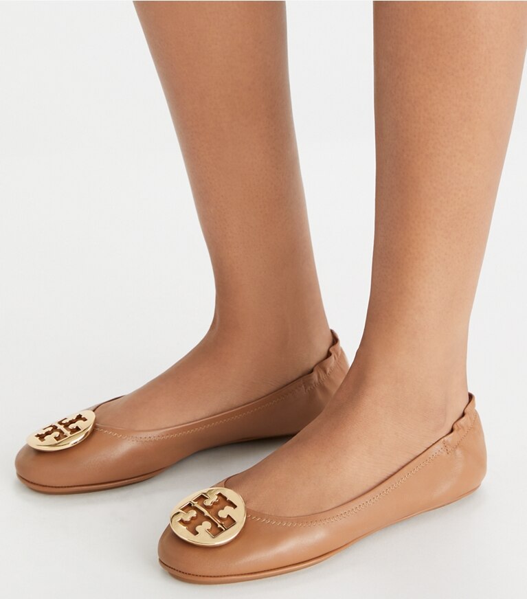 Tory Burch designer loafers Minnie Reiseballerina  in Royal Tan/Gold angle