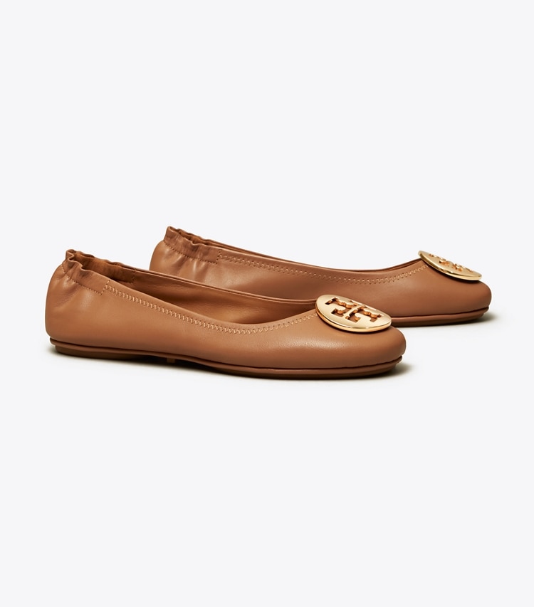 Tory Burch designer loafers Minnie Reiseballerina  in Royal Tan/Gold angle