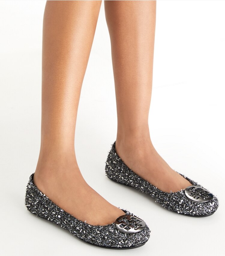 Tory Burch designer loafers Minnie Reiseballerina in SILVER CONFETTI / GUNMETAL accessory on model