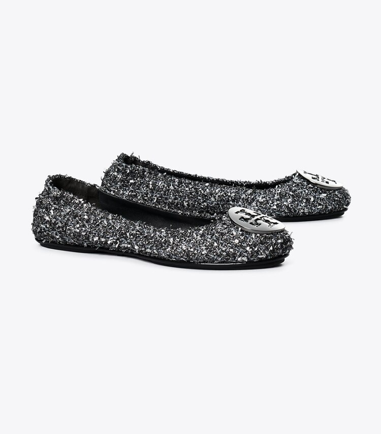 Tory Burch designer loafers Minnie Reiseballerina in SILVER CONFETTI / GUNMETAL angle