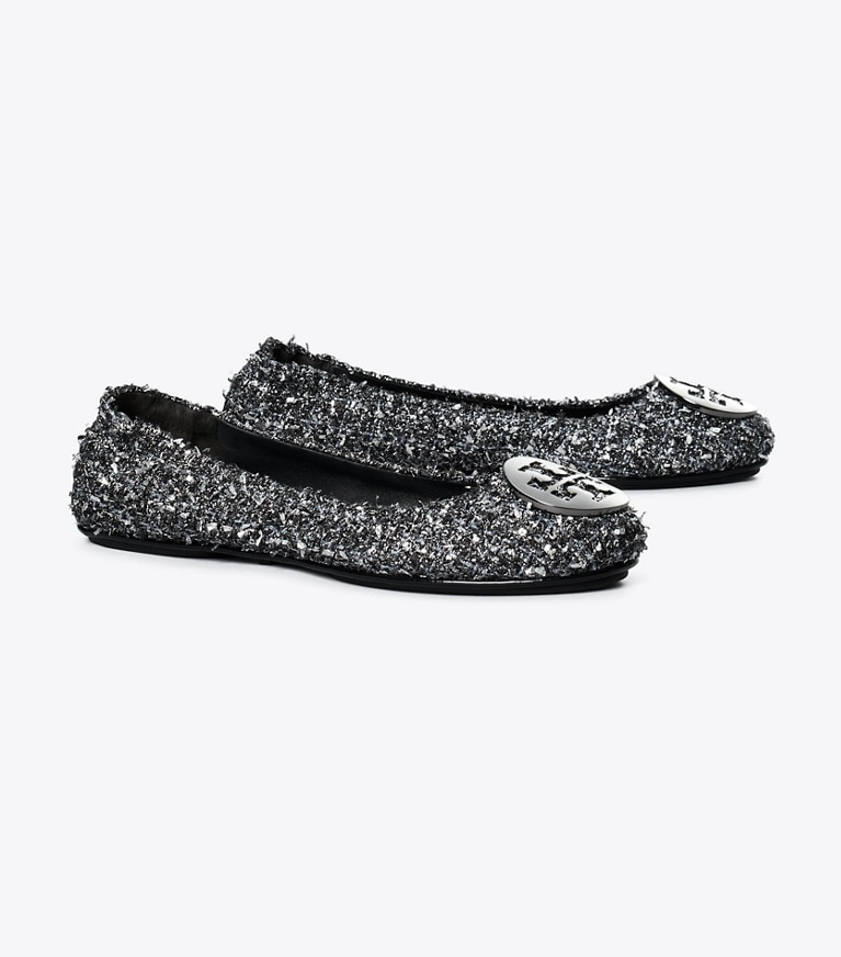 Tory Burch designer loafers Minnie Reiseballerina in SILVER CONFETTI / GUNMETAL angle
