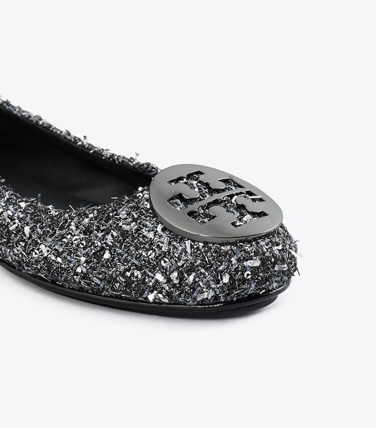 Tory Burch designer loafers Minnie Reiseballerina in SILVER CONFETTI / GUNMETAL detail