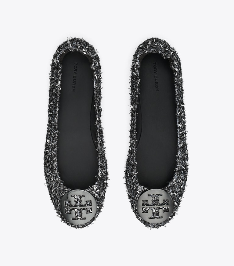 Tory Burch designer loafers Minnie Reiseballerina in SILVER CONFETTI / GUNMETAL angle