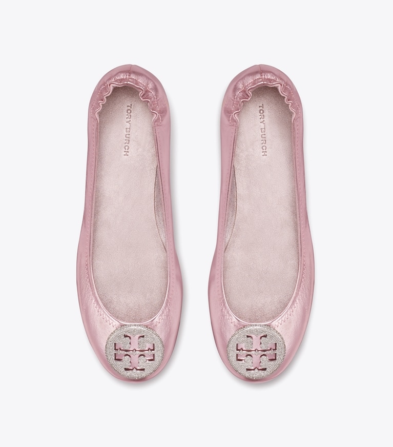 Tory Burch designer loafers Minnie Reiseballerina in SPARKLE PINK angle