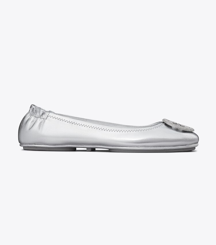 Tory Burch designer loafers Minnie Reiseballerina in SILVER / SILVER side
