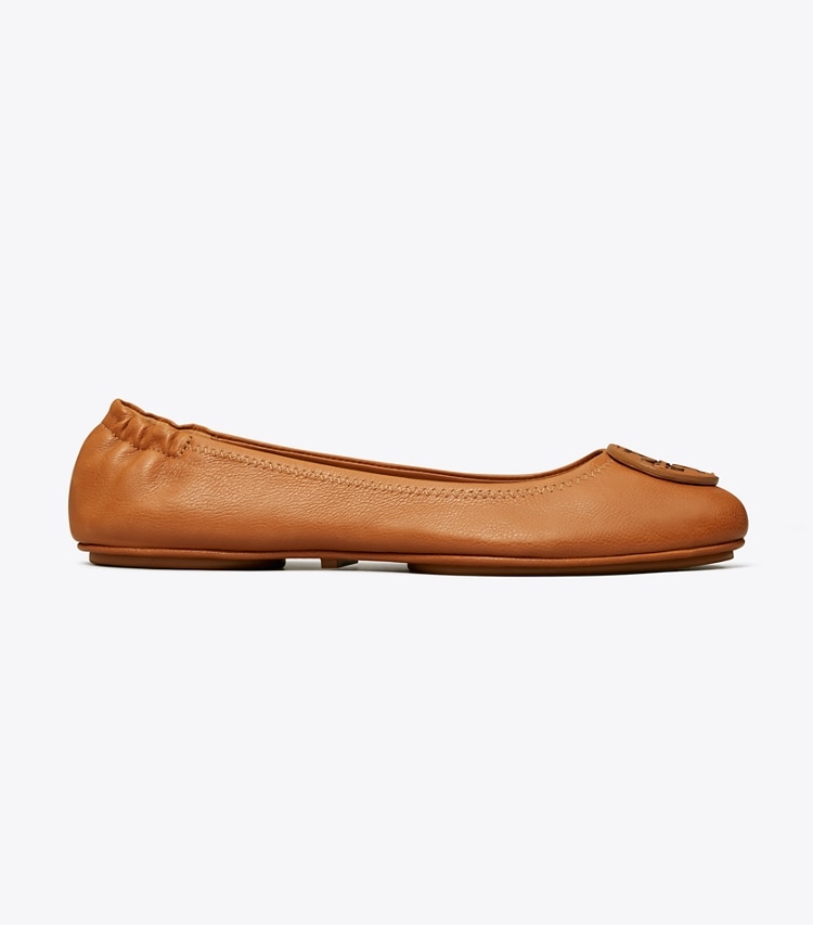 Tory Burch designer flats Minnie Travel Ballet, Leather Logo  in Bourbon Miele side