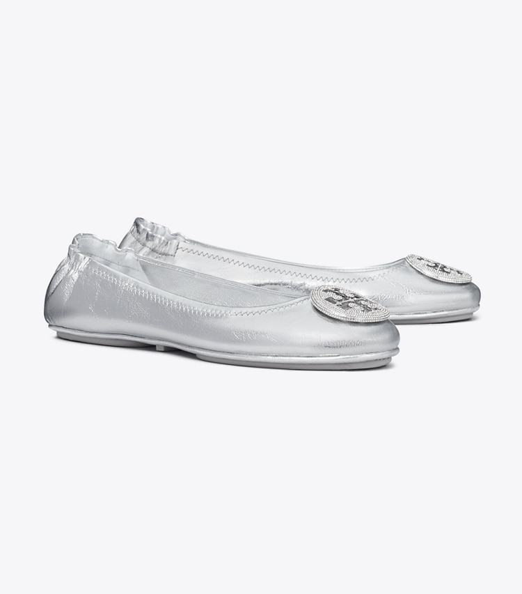 Tory Burch designer flats Minnie Travel Ballet in SILVER / SILVER angle
